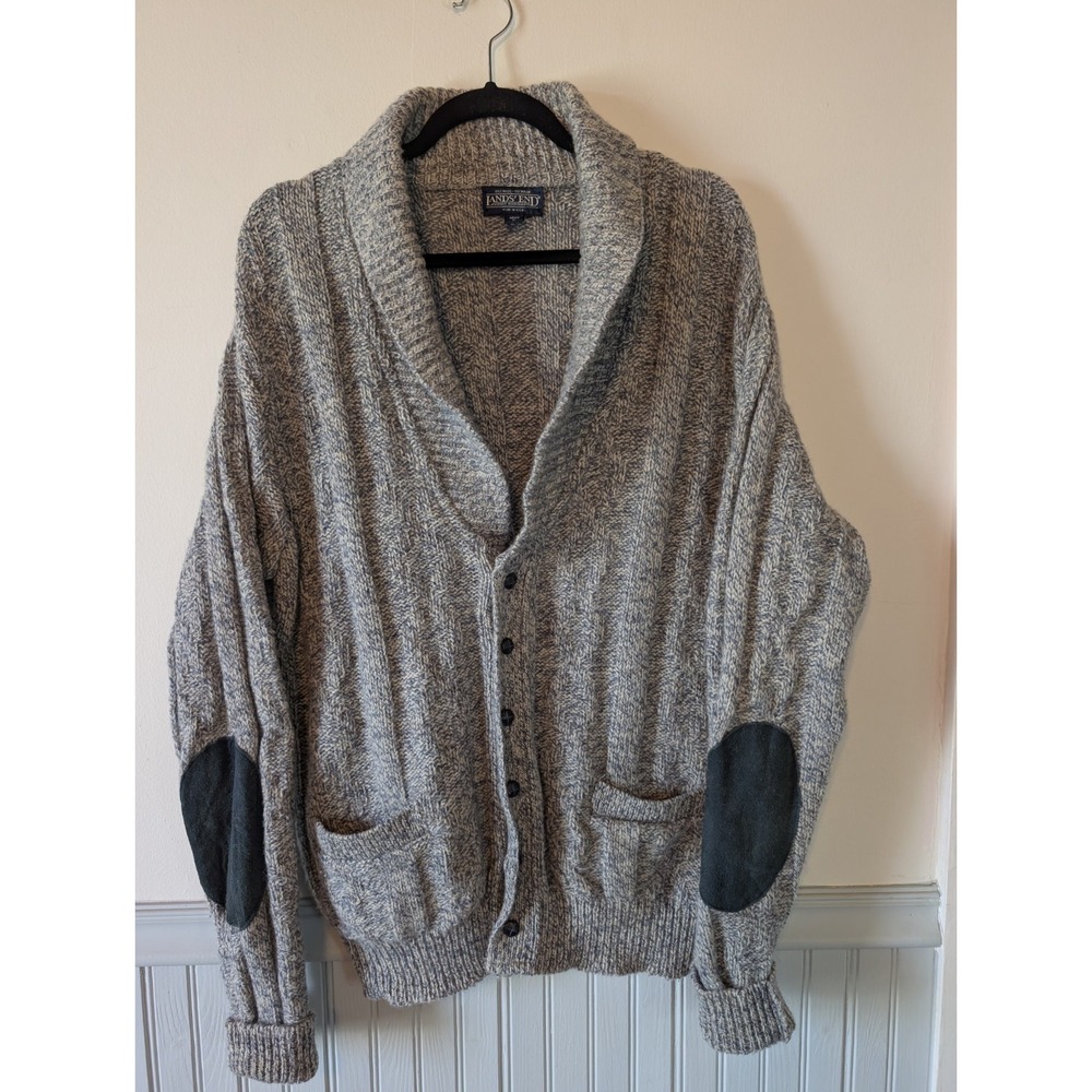 Vintage Lands End Wool Shawl Collar Cardigan Mens Large Elbow Patches Grandpa